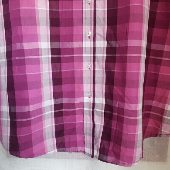 Woman Within Button Up Shirt 1X Plaid Classic Collar Hemline Styling Purple Pink - Picture 6 of 11